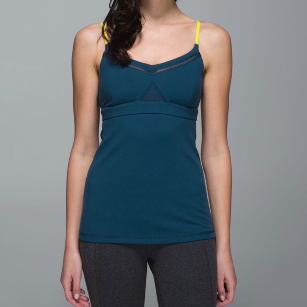 Lululemon‎ Just Breathe Tank Deep Teal & Neon Yellow Straps Built-In Bra Size 6